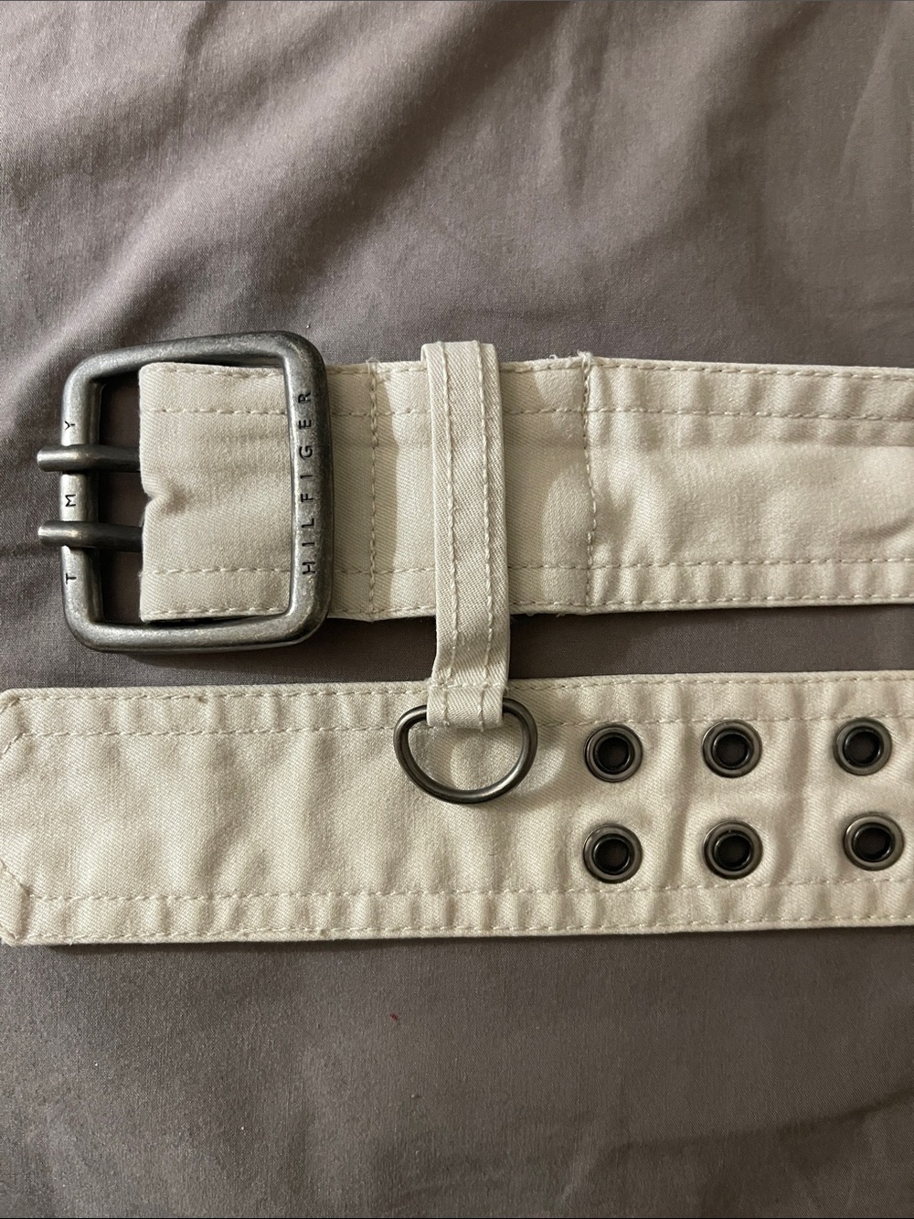 Tommy Hilfiger Cream Canvas Belt with Metal Buckle and D-Ring